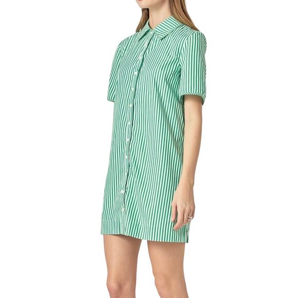 English Factory Green Striped Binded Wide Sleeve Mini Shirt Dress Size Medium - Picture 5 of 14